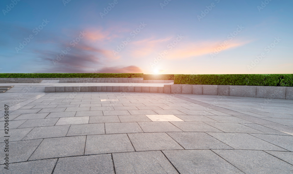 Empty Plaza Floor Bricks and Beautiful Natural Landscape