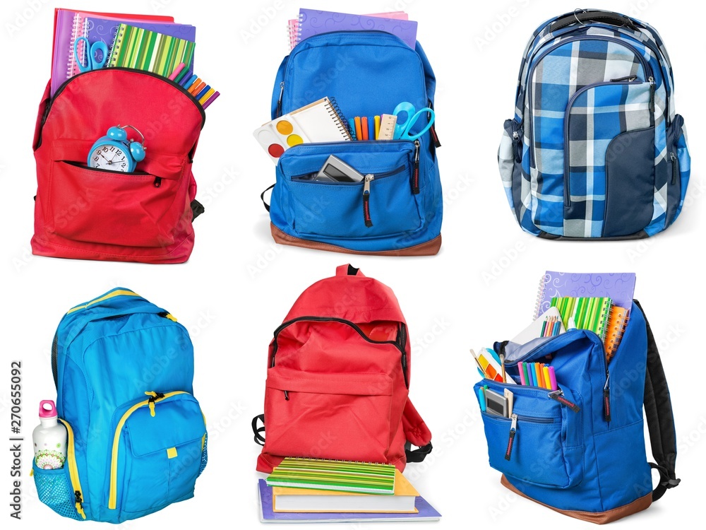 Colorful school supplies in backpack, collage on white background - obrazy, fototapety, plakaty 