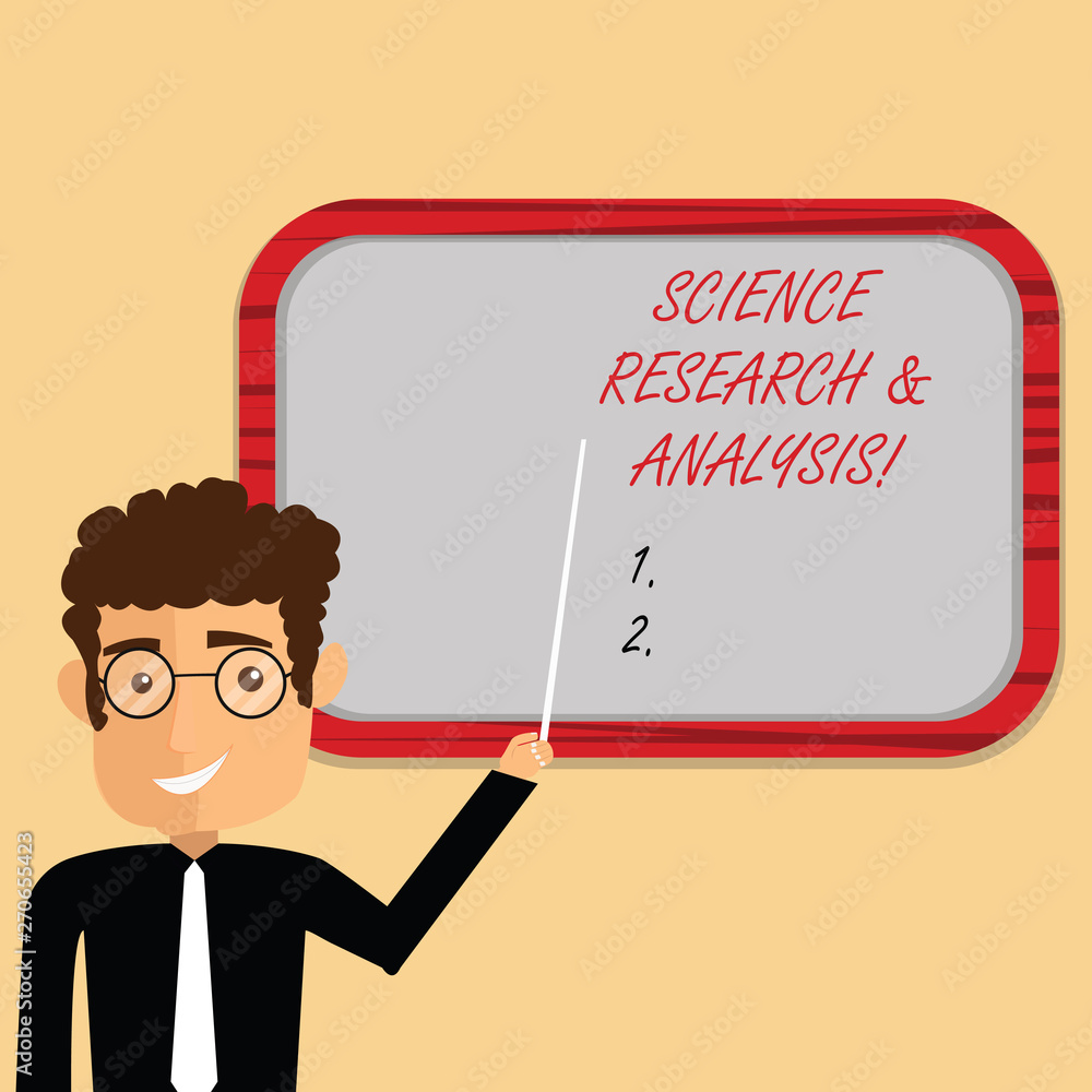 Handwriting text writing Science Research And Analysis. Concept meaning Laboratory medical investigation experiment Man Standing Holding Stick Pointing to Wall Mounted Blank Color Board Handwriting text writing Science Research And Analysis. Concept meaning Laboratory medical investigation experiment Man Standing Holding Stick Pointing to Wall Mounted Blank Color Board