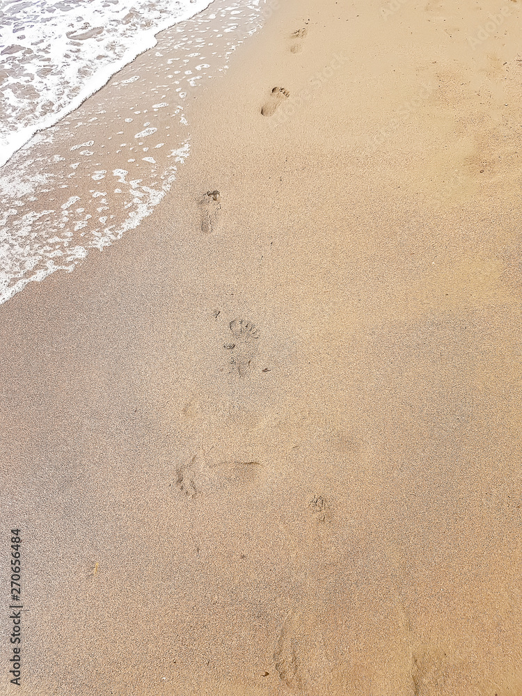 beach, wave and footprints at sun summer time beach, wave and footprints at sun summer time