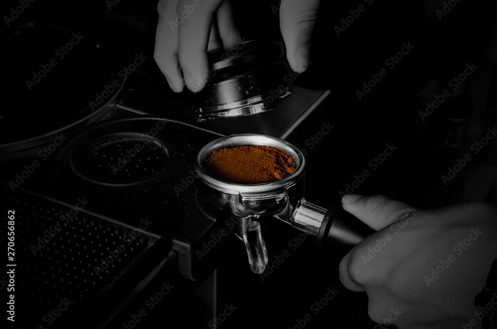 preparation of espresso coffee-ground coffee-black and white