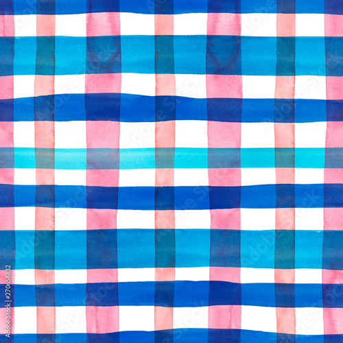 Bright pastel pink and blue plaid checkered seamless pattern. Watercolor stripes and lines on white background. Kilt print for textile, fabric, wrapping paper, wallpapers.