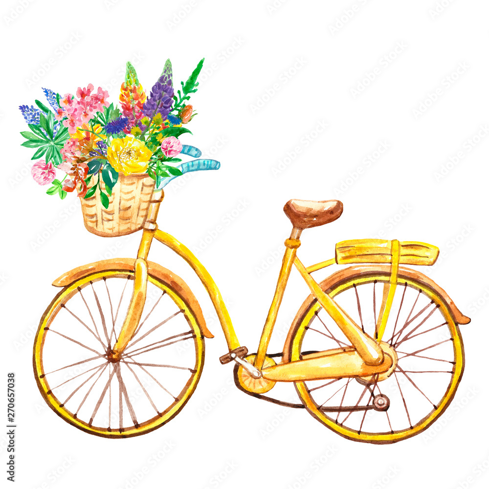 Watercolor yellow bicycle, isolated on white background. Hand painted bike with basket and wild flowers. Summer illustration.