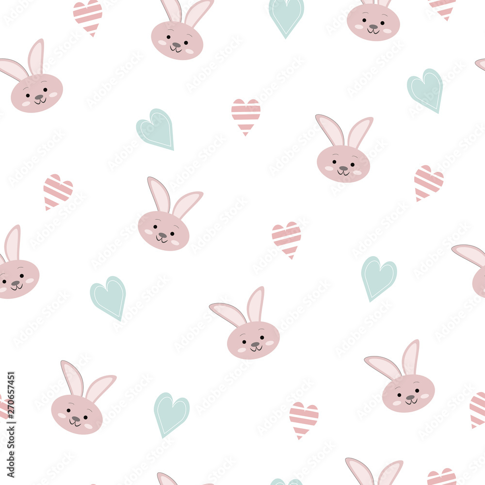 children's seamless pattern with animal rabbit and hearts