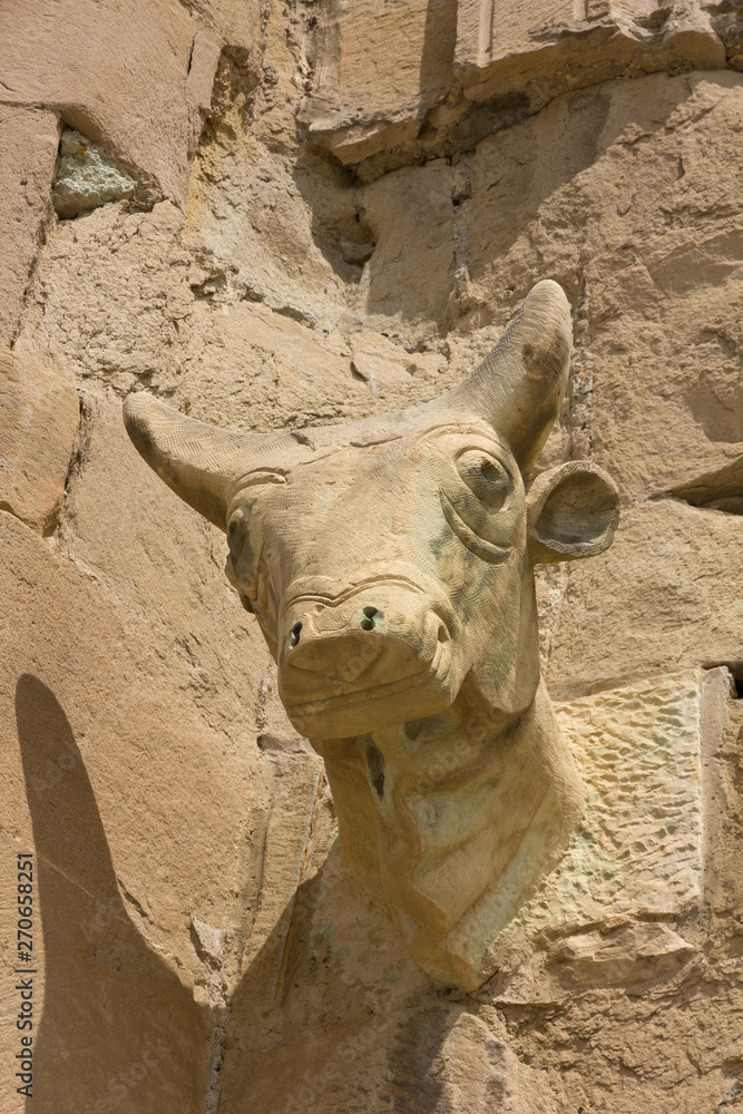 Bull head sculpture on the building of Svetitskhoveli Cathedral church, Georgia. UNESCO World Heritage