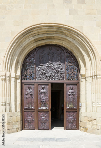 Georgia, Svetitskhoveli Cathedral church entrance door. UNESCO World Heritage. Mtskheta town