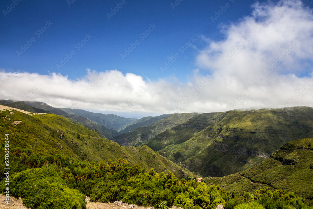 Portugal green hiils, Madeira island mountain landscape view