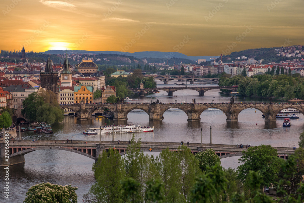 Prague bridges, city sunset panorama, Czech Republic