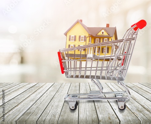 Classic house model in shopping cart on backgrouund