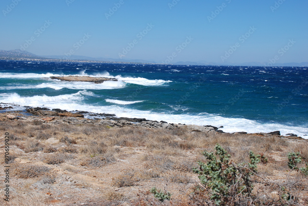 Stormy seas at the Hamolia beach near the city of Athens. Vravrona region, Attica, Greece.