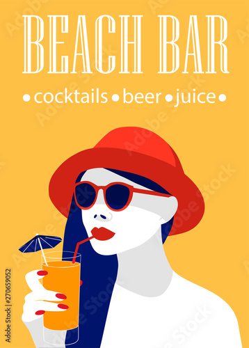 Beach bar poster add with a stylish young lady drinking cocktail