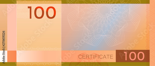 Voucher template banknote 100 with guilloche pattern watermarks and border. Orange background banknote, gift voucher, coupon, diploma, money design, currency, note, check, cheque, reward. certificate