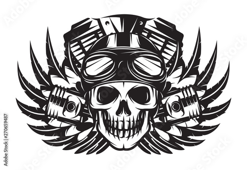 vector monochrome image on motorcycle theme with skull, wings, engine