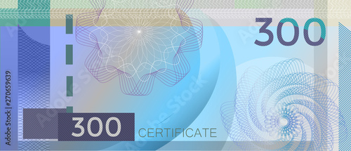 Voucher template banknote 300 with guilloche pattern watermarks and border. Blue background banknote, gift voucher, coupon, diploma, money design, currency, note, check, cheque, reward certificate
