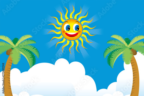 Illustration of anthropomorphic sun smile, background illustration of southern country image, blue sky and blue sky, summer image, vector data