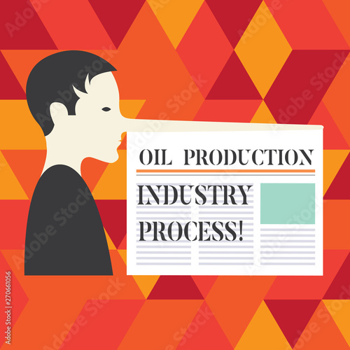 Writing note showing Oil Production Industry Process. Business photo showcasing Petroleum company industrial processing Man with a Very Long Nose like Pinocchio a Blank Newspaper is attached