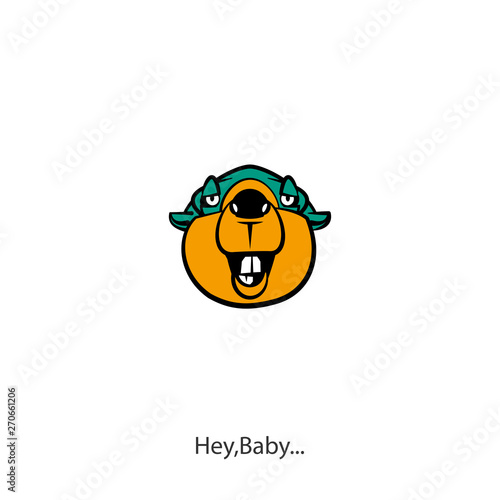Head of a ridiculously contented laughing beaver against a white background. Sticker, pattern, background. Vector illustration. Cartoon character of a forest animal. Major and Lovelace. Flirt.
