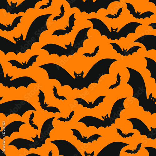 Halloween pattern with bats, vector seamless pattern with black bats on orange background