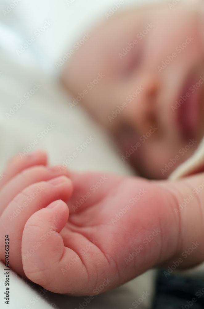 Hands of sleeping newborn baby. Face in shallow depth of field. Hands of sleeping newborn baby. Face in shallow depth of field.