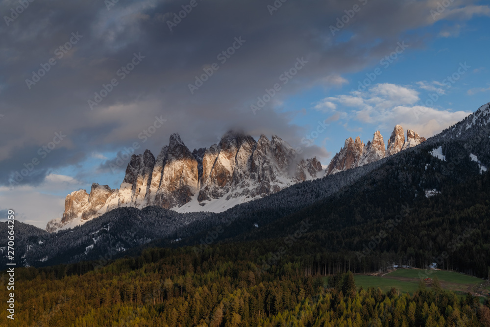 Amazing Dolomites Mountains Landscape during sunset. Wonderful picturesque Scene. Val di Funes. Italy.