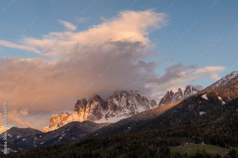 Amazing Dolomites Mountains Landscape during sunset. Wonderful picturesque Scene. Val di Funes. Italy.