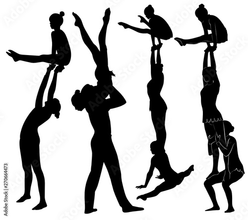 acrobatic stunt. Gymnasts acrobats vector black silhouette. 