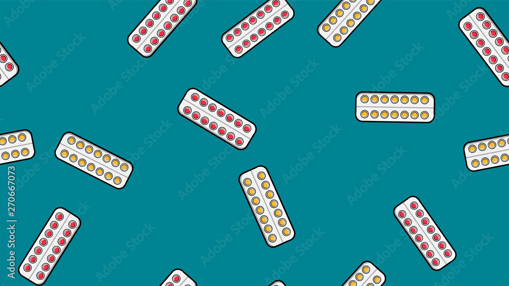 Seamless pattern endless texture of yellow round medical medicinal pharmaceutical pills tablets in packaging plates on blue background. Vector illustration Seamless pattern endless texture of yellow round medical medicinal pharmaceutical pills tablets in packaging plates on blue background. Vector illustration