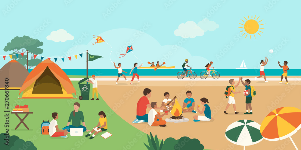 Happy kids enjoying summer camp together on the beach Happy kids enjoying summer camp together on the beach