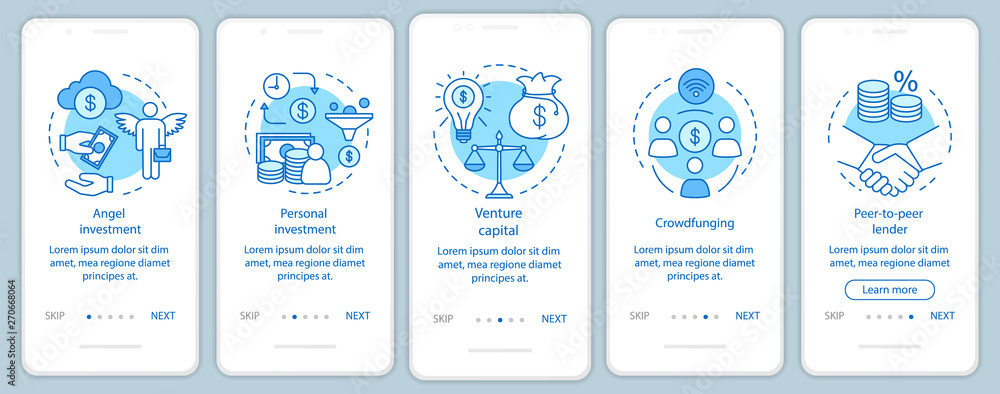 Startup investment onboarding mobile app page screen with linear concepts Startup investment onboarding mobile app page screen with linear concepts