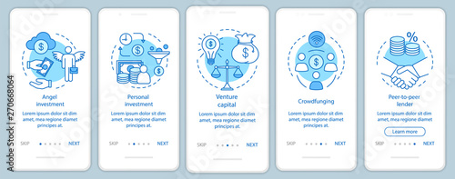 Startup investment onboarding mobile app page screen with linear concepts