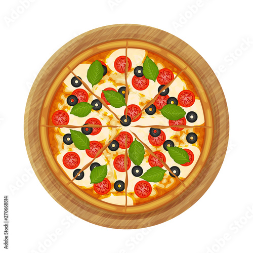 Neapolitan pizza with mozzarella, cherry tomatoes, and basil on wood plate. Object for packaging, advertisements, menu. Isolated on white. Vector illustration. Cartoon.