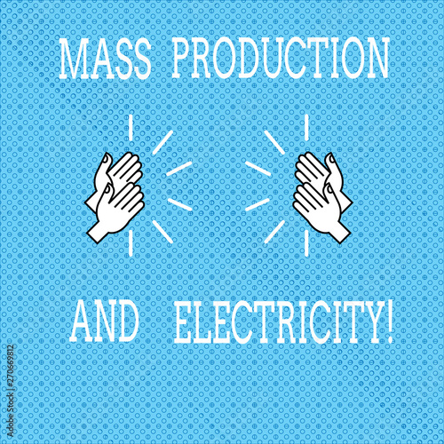 Text sign showing Mass Production And Electricity. Conceptual photo Industrial electrical power supply Drawing of Hu analysis Hands Clapping with Sound icon on Seamless Tiny Circles photo