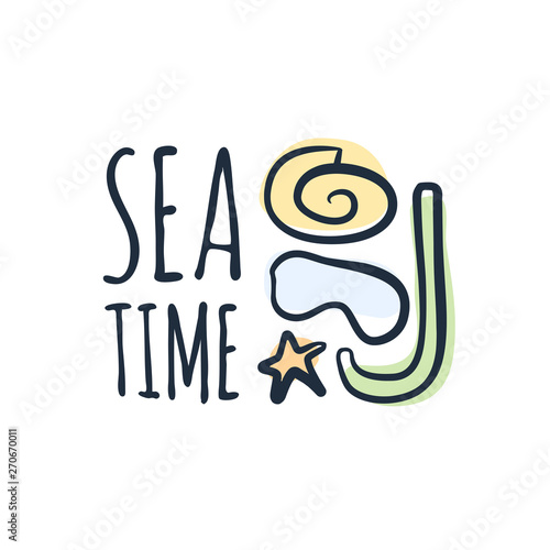 Sea or Beach time slogan and hand drawing cute icons vector for print design. Funny greetings for clothes, card, badge, icon, postcard, banner, tag, stickers, print