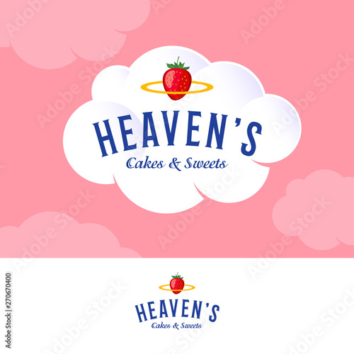 Heaven’s Logo. Bakery and pastry logo on white cream cloud. Letters and golden nimbus with strawberry.