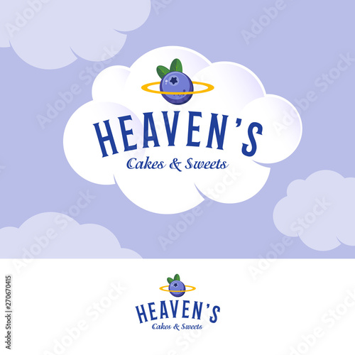 Heaven’s Logo. Bakery and pastry logo on white cream cloud. Letters and golden nimbus with blueberry.