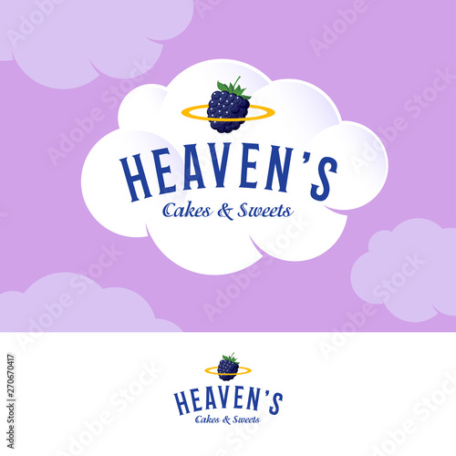 Heaven’s Logo. Bakery and pastry logo on white cream cloud. Letters and golden nimbus with blackberry.
