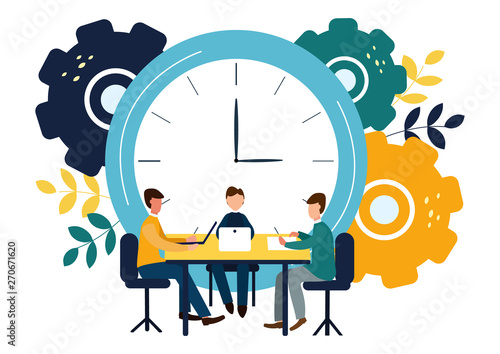 Vector illustration, round clock on white background, time management concept.