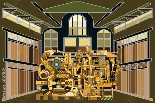 Vector pattern with abstract industry or steampunk background. Fantasy technology or factory illustration with decorative machine sketch elements and robotic arms. Hand drawn.