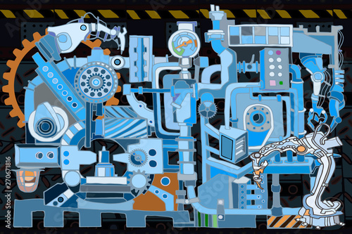 Vector pattern with abstract industry or steampunk background. Fantasy technology or factory illustration with decorative machine sketch elements and robotic arms. Hand drawn.
