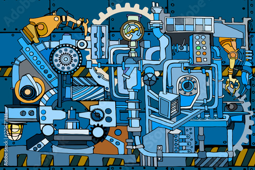 Vector pattern with abstract industry or steampunk background. Fantasy technology or factory illustration with decorative machine sketch elements and robotic arms. Hand drawn.