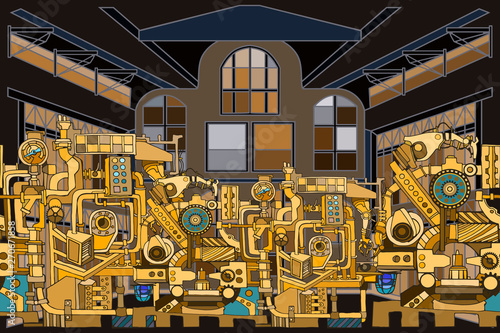 Vector seamless pattern with abstract industry or steampunk background. Fantasy technology or factory illustration with decorative machine sketch elements and robotic arms. Hand drawn.