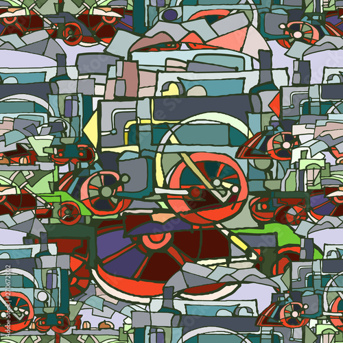 Vector seamless pattern with abstract vintage fantasy steam locomotives illustrating vintage design or technology or steampunk concept. Hand drawn.
