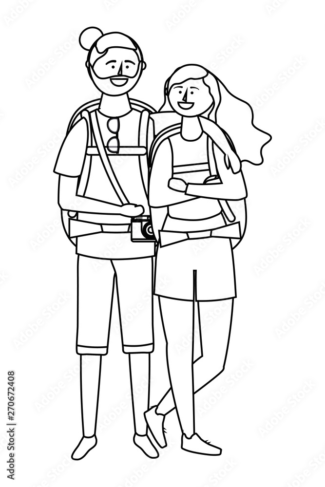 Tourist boy and girl with bag design Tourist boy and girl with bag design