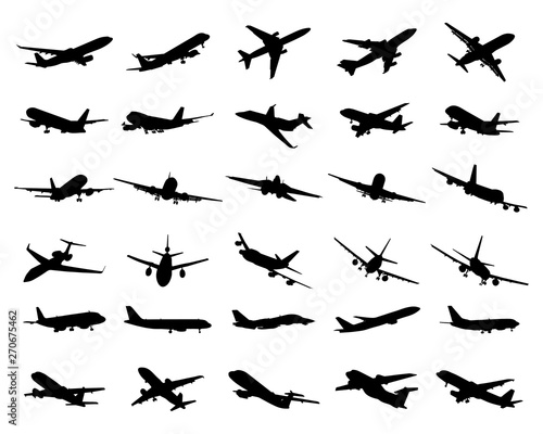 Black silhouettes of planes on a white background