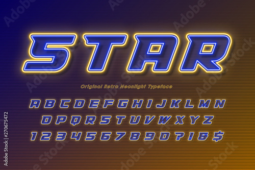 Neon light alphabet, multicolored extra glowing font.