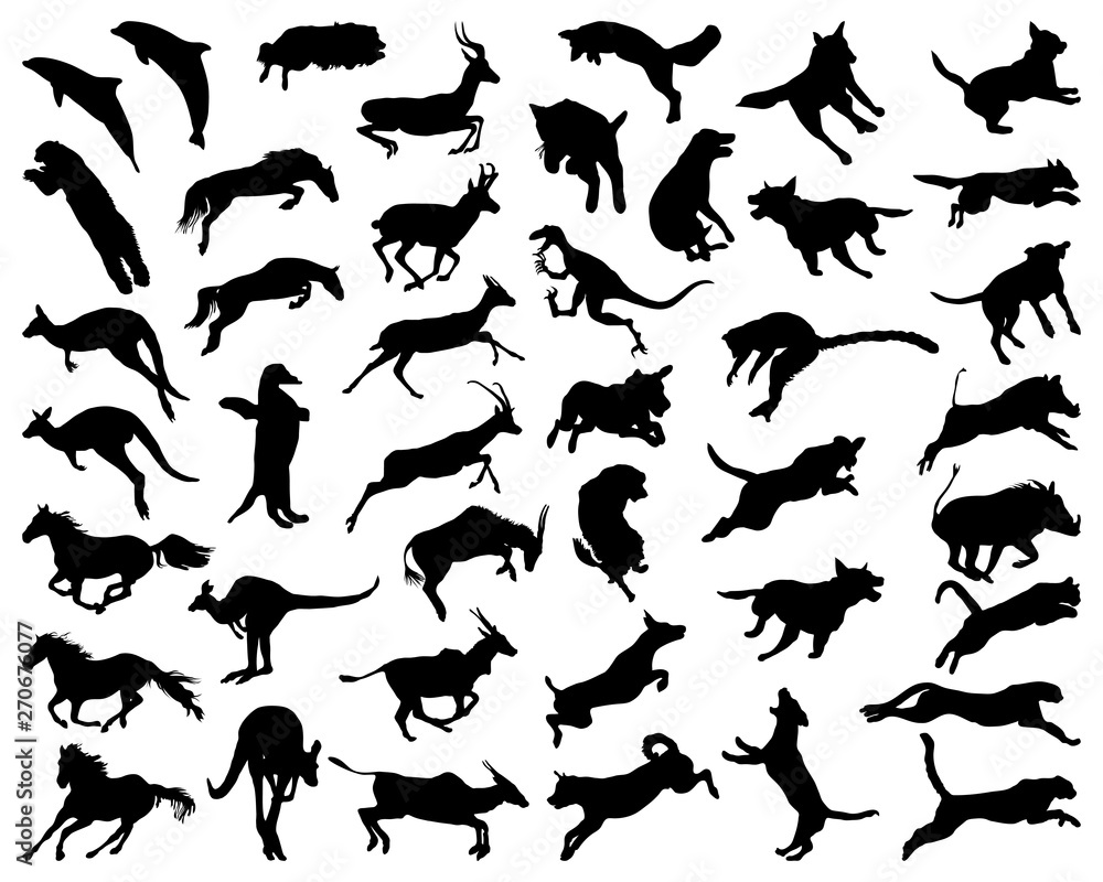 Fototapeta premium Black silhouettes of animals in a jump on a white background