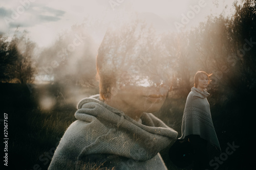 Double exposure portraits of a young woman