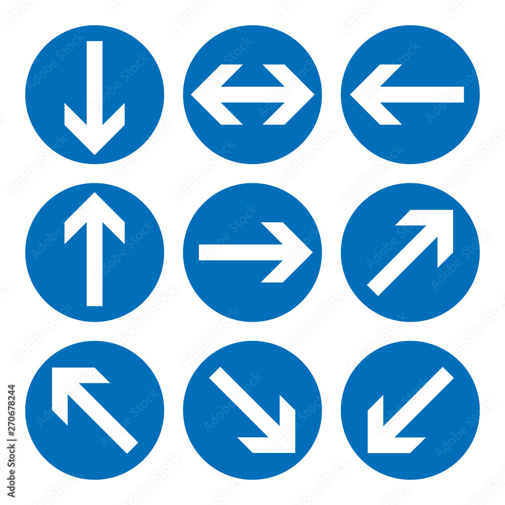 Set of direction signs. Blue circle mandatory informational symbols. illustration isolated on white. White simple arrows. Notice icons. Collection arrows in different directions. Set of direction signs. Blue circle mandatory informational symbols. illustration isolated on white. White simple arrows. Notice icons. Collection arrows in different directions.