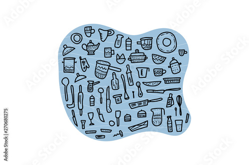 Set of vector kitchen equipments in doodle style.