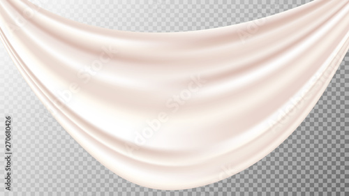 Vector realistic drapery of light rose fabric. Decorative folds of cream silk isolated on transparent background.